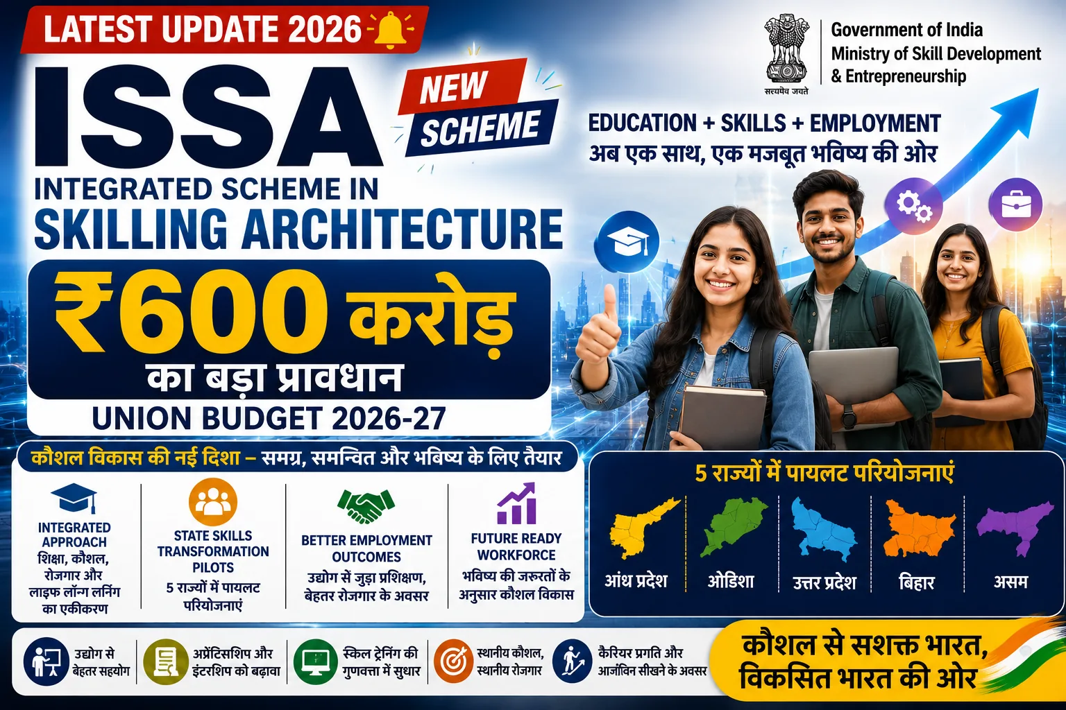 ISSA ₹600 करोड़ Skilling Scheme 2026: युवाओं के लिए नई Skill Architecture, 5 राज्यों में Transformation Pilots
